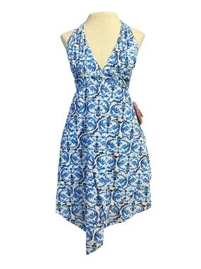 BECCA Blue & White Asymmetrical Halter swim Dress cover up